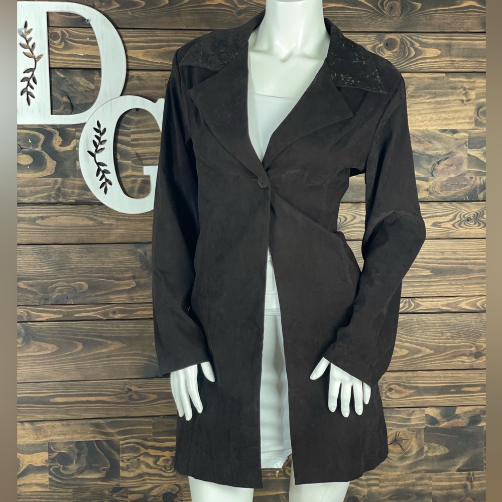 Victoria and Moon | Vintage Suede Trench Coat Notched Lapel Floral Embroidery